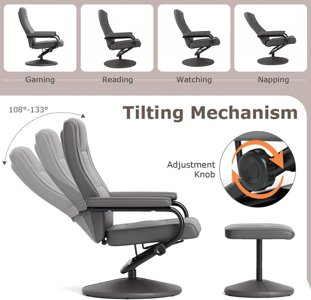 Modern Reclining Swivel Lounge Chair and Ottoman — Black Faux Leather
