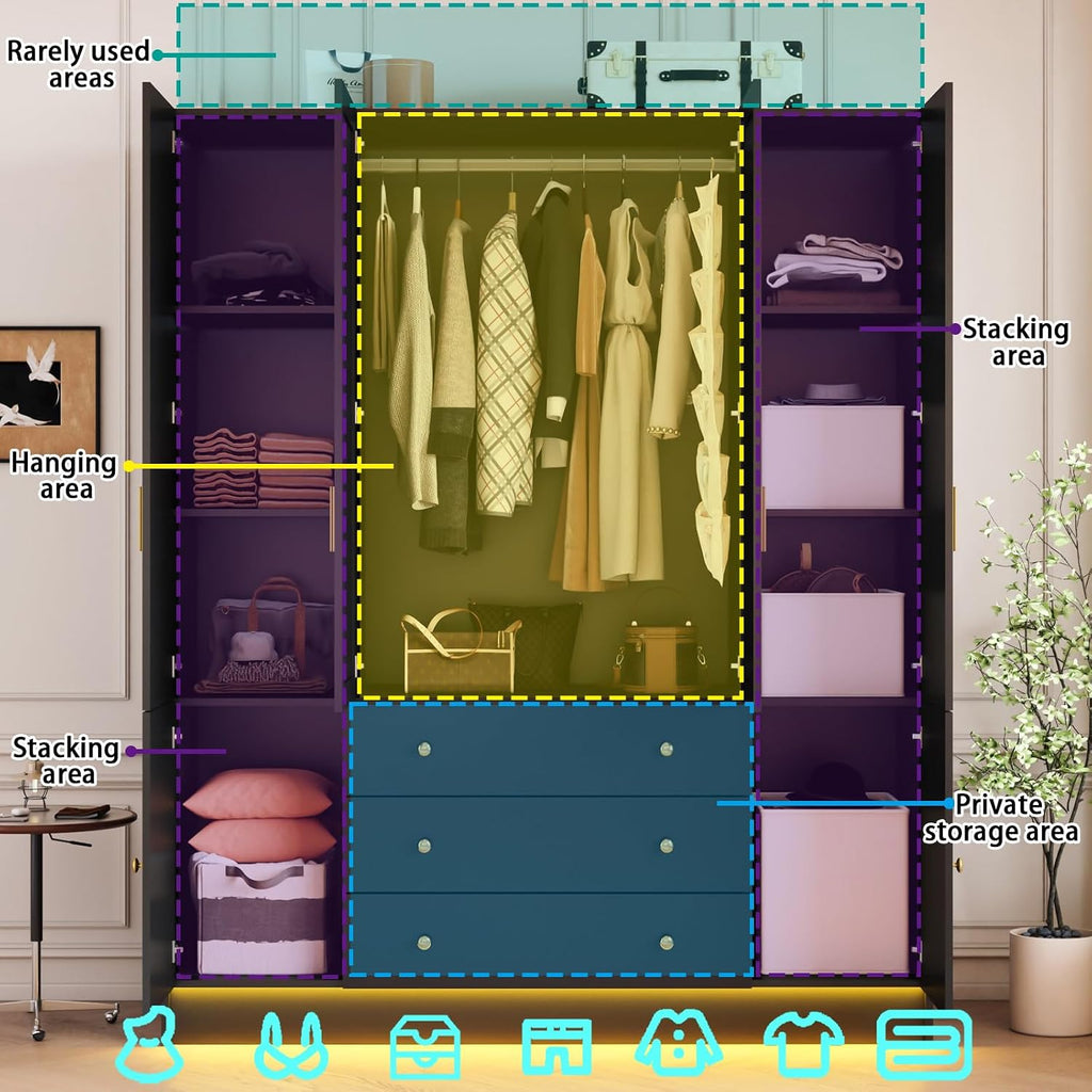 4 Doors LED Armoire Wardrobe Closet with Mirror, 75" Tall Modern Wooden Wardrobe Closet with 3 Drawers, Freestanding