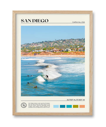 Natural OAK Wood San Diego Surfing Framed Wall Art, 12x16in Natural Seascape Canvas Wall Print, Classic Urban Landmark