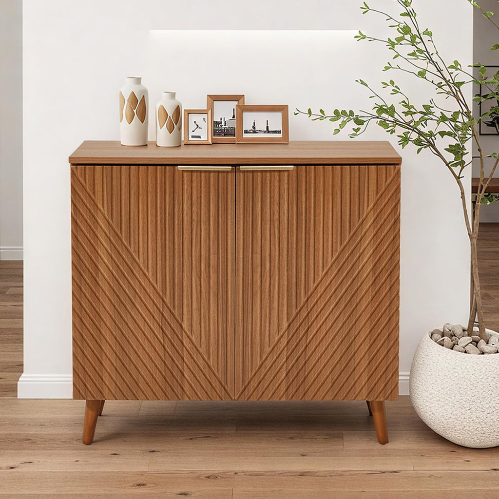 Fluted Brown Wood Sideboard Buffet Storage Cabinet with Doors | Adjustable Shelf, Modern Accent Table, Sturdy Frame