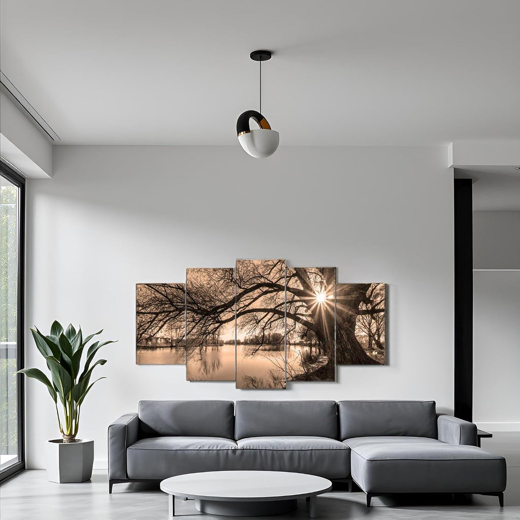 Large 5 Piece Canvas Wall Art Tree By Lake at Sunset Picture Canvas Prints Vintage Sepia Landscape Photo Painting