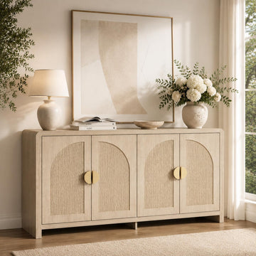 Rattan Sideboard Buffet Cabinet with Storage, 55" Accent Cabinet with Arch Doors & Adjustable Shelves