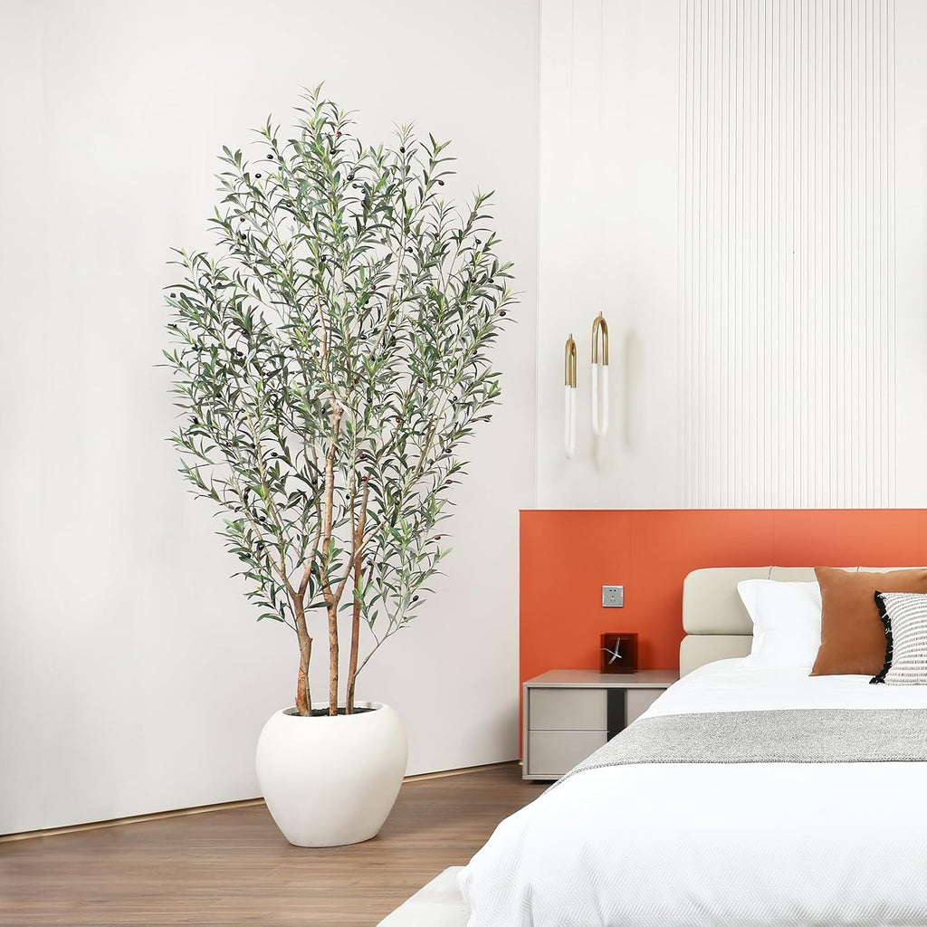 Artificial Olive Tree, 8FT Tall, Faux Olive Trees with Natural Wood Trunk & Lifelike Fruits, Indoor, White Tall