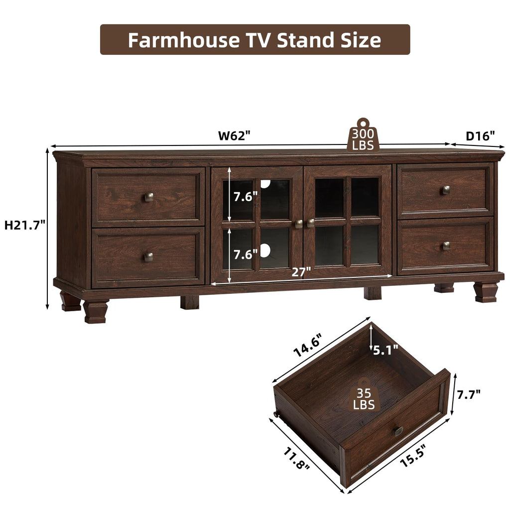 Farmhouse TV Stand with Glass Doors, Walnut