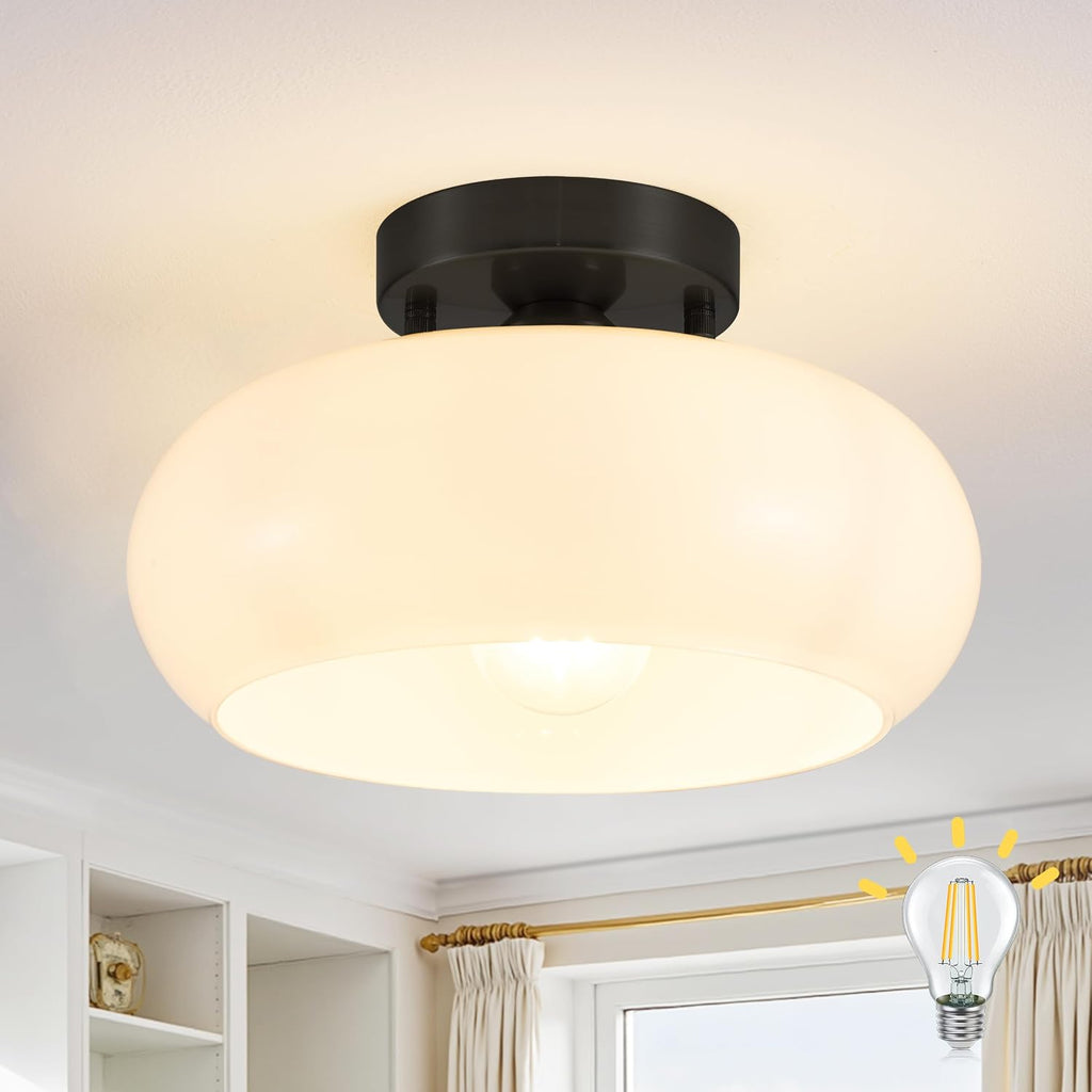 Black Semi Flush Mount Ceiling Light, Mid Century Modern Ceiling Light with Frosted Glass Shade, 11 Inch Close to