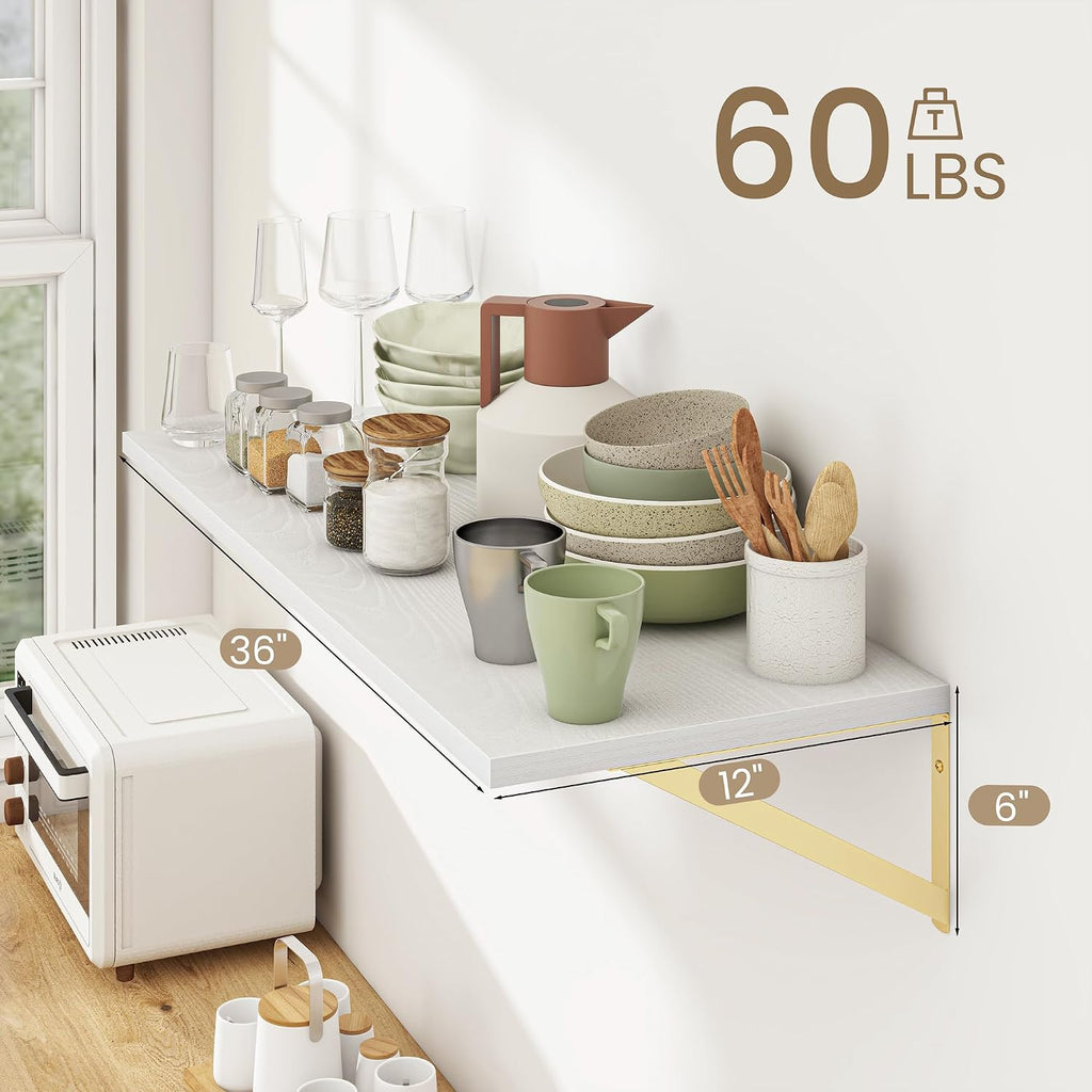 Wall Mounted Floating Shelves Set of 2, 36x12, White&Gold | Engineered Wood, Visible Bracket, Large Storage, Hold Up