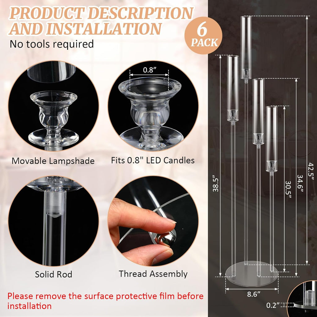 6 Pcs Acrylic Candelabra Centerpieces 42.5'' Tall 4 Arms Clear Candle Holders Wedding Table Centerpiece Floor