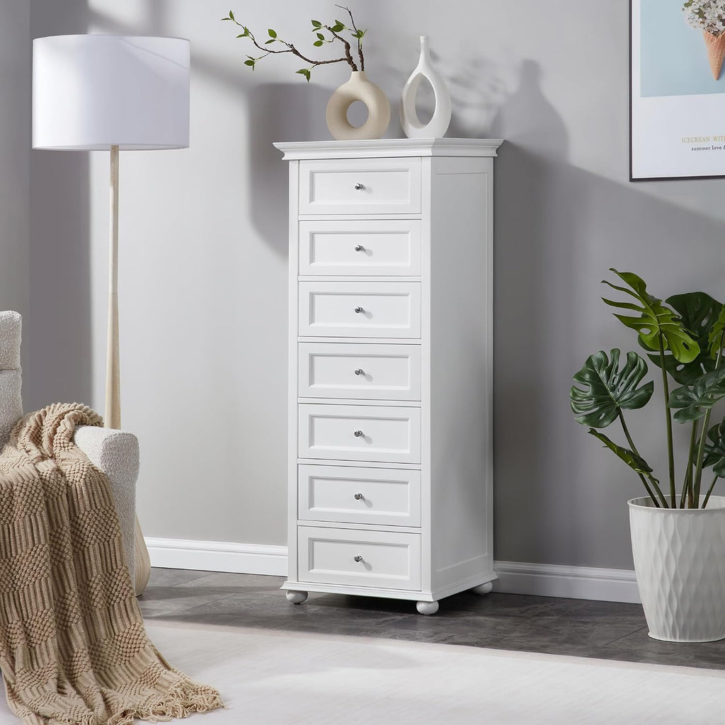 Tall White Dresser with 7 Drawers, 52" Tall Skinny Dresser | Modern White Tall Chest of Drawers Dresser,Wooden