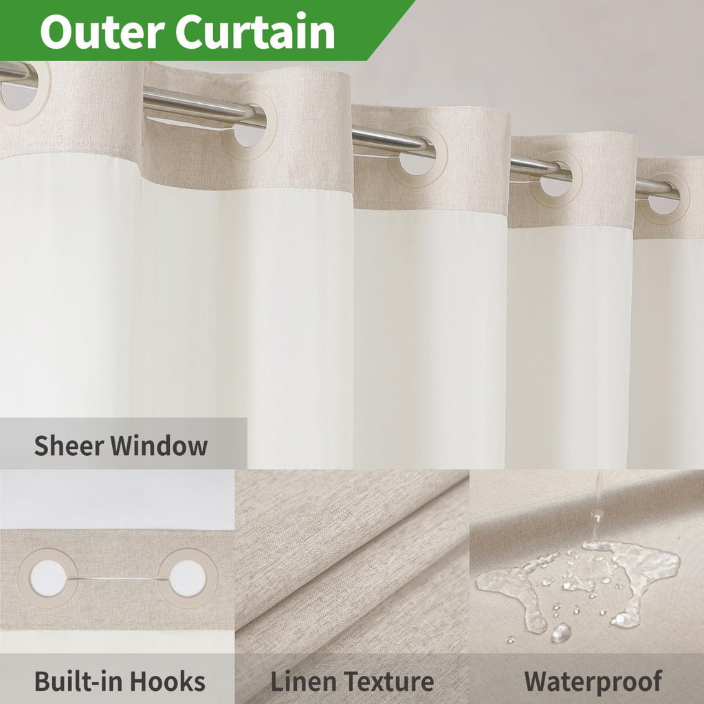No Hooks Polyester Textured Shower Curtain with Snap-in Fabric Liner Set, Hotel Luxury Decor Shower Curtains with See