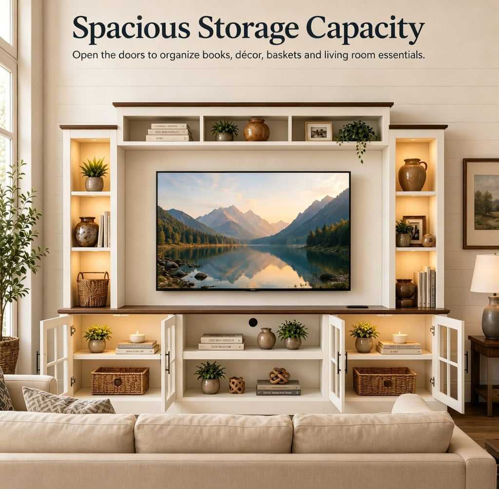 Farmhouse TV Stand 98" Entertainment Wall Unit with Barn Doors, Built-in Power Outlets, Open Bookshelves & Storage