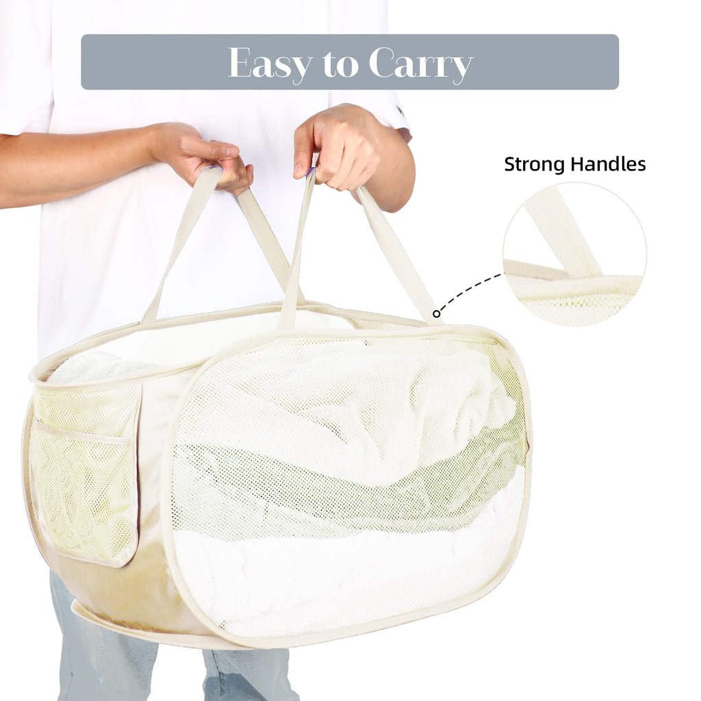 Durable Collapsible Laundry Baskets, Mesh Pop Up Laundry Hamper with Side Pocket, Foldable Clothes Hamper with