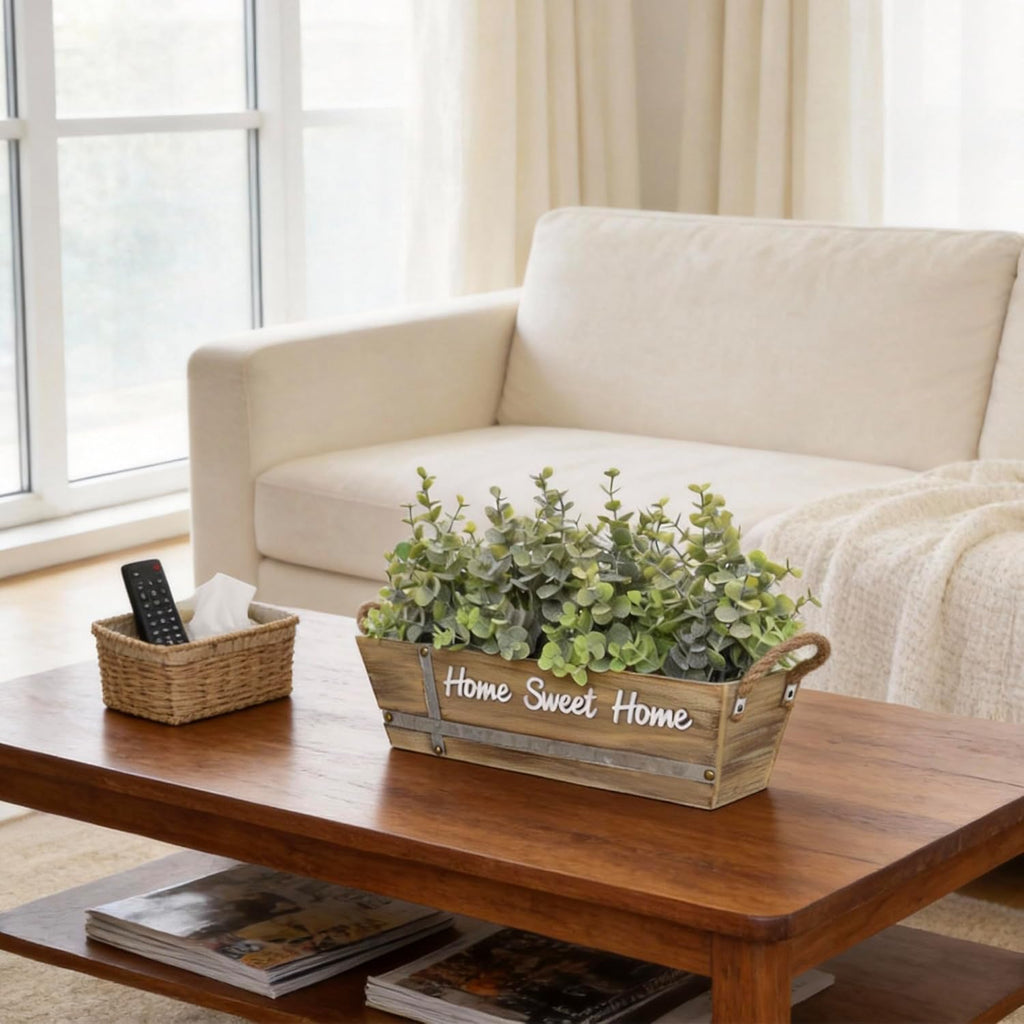 Artificial Eucalyptus Table Centerpiece in Wooden Box, Faux Greenery Arrangement with "Home Sweet Home" Sign, Jute