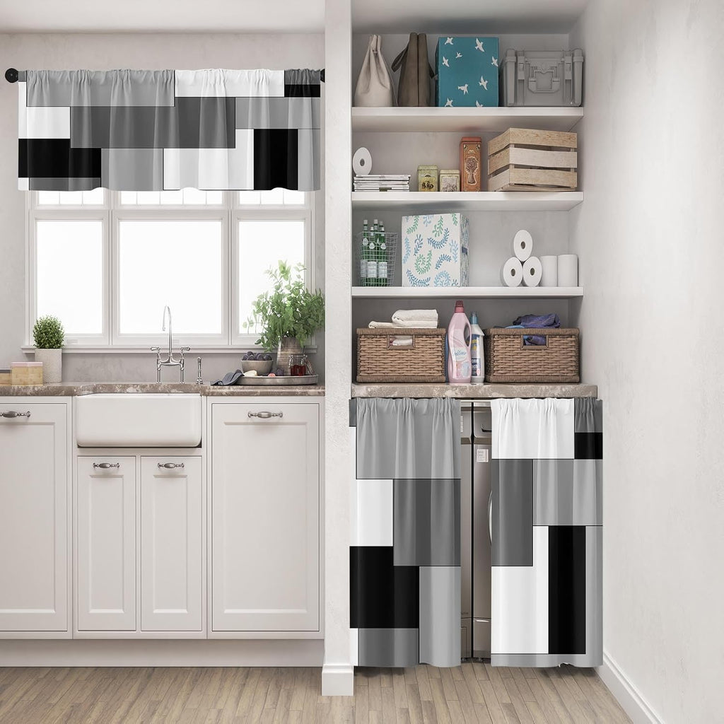Black White Gray Kitchen Window Curtains Valance and Tier Set, Dark Grey Modern Geometric Rod Pocket Short