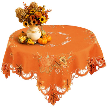 Fall Tablecloth Embroidered 34 in Square Rust Orange Autumn Decor