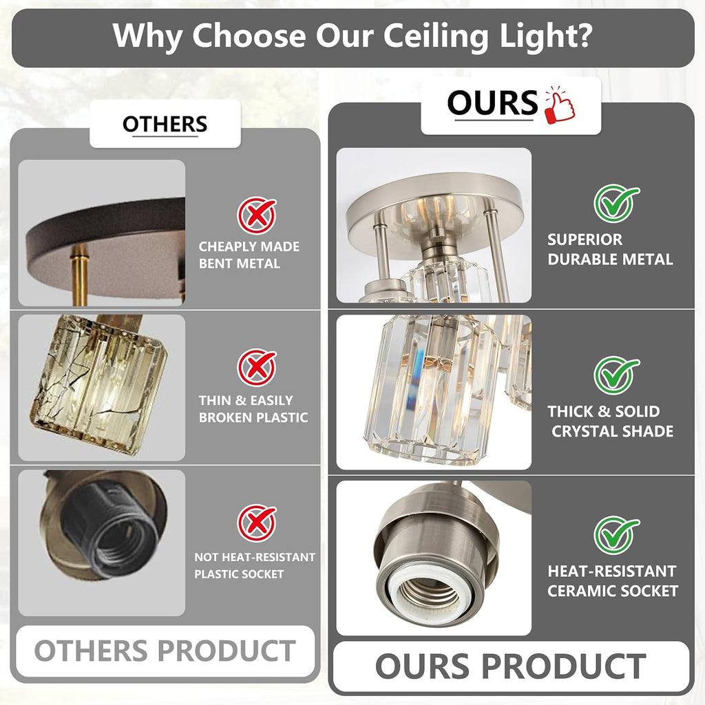 Brushed Nickel Semi Flush Mount Ceiling Light, 3-Light Modern Crystal Chandelier with Clear K9 Crystal Shades