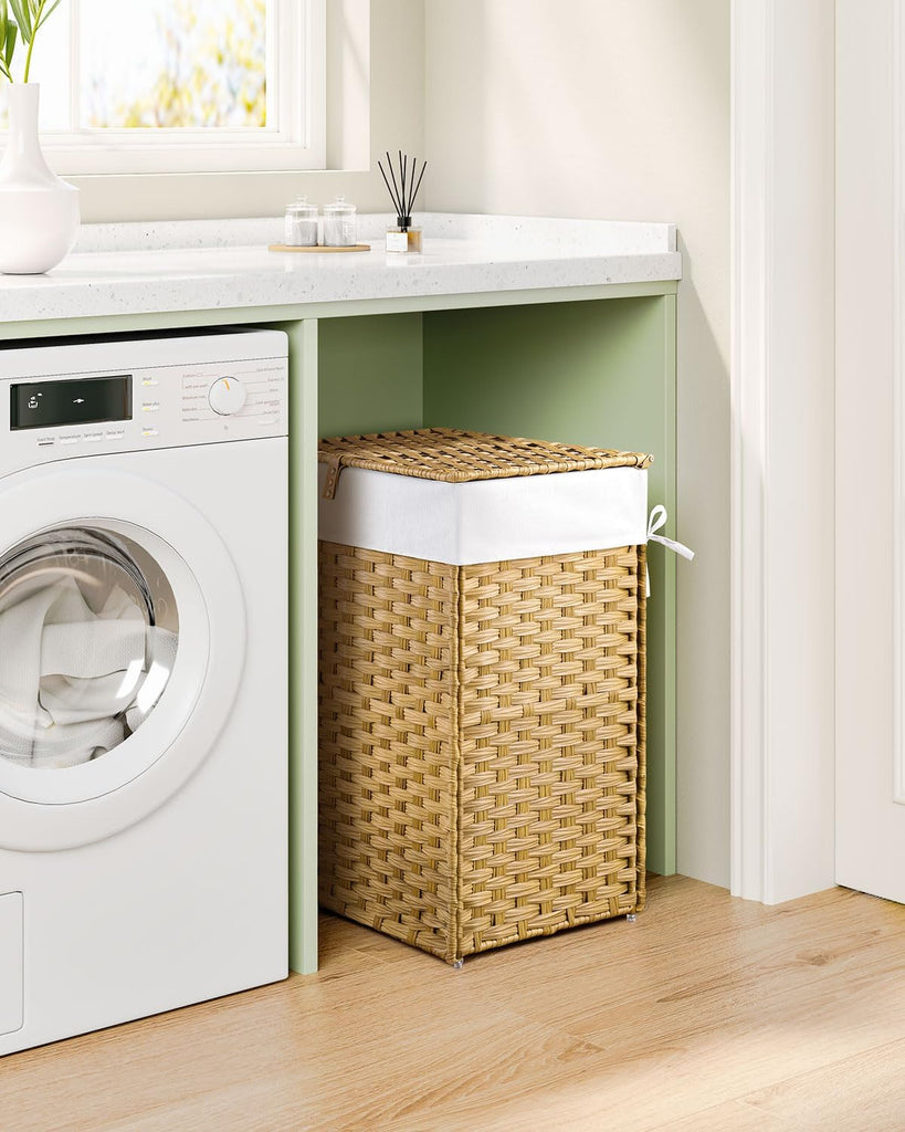 Laundry Hamper with Lid, 60L Clothes Hamper with 2 Removable Liner Bags & 2 Mesh Laundry Bags, Handwoven Synthetic