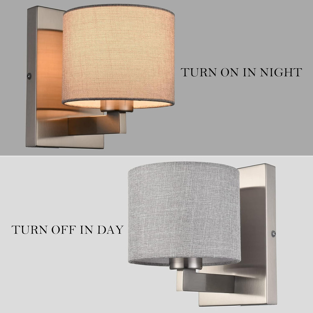 Modern Brushed Nickel Wall Sconces Set of 2 | Linen Drum Shade Wall Sconce, 1-Light Silver Wall Mount Lamp Hallway