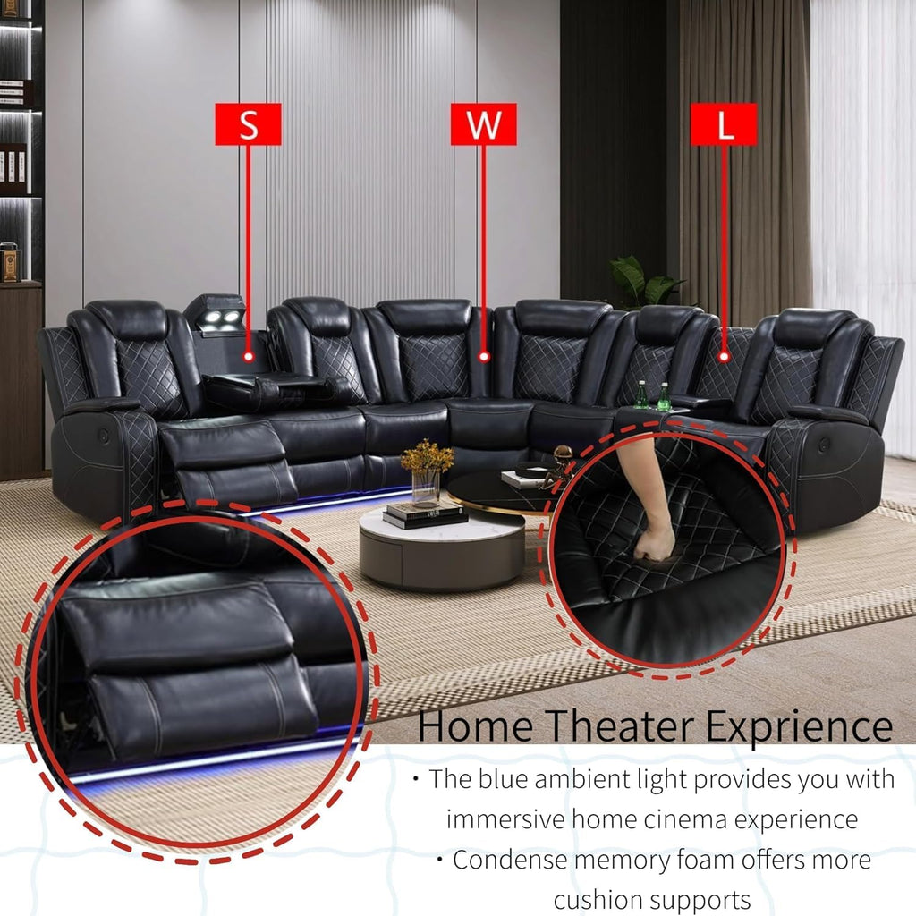 Power Recliner Sofa Sectional Sofa with LED Light for Living Room, Air Leather Reclining Corner Sectional Sofa Set