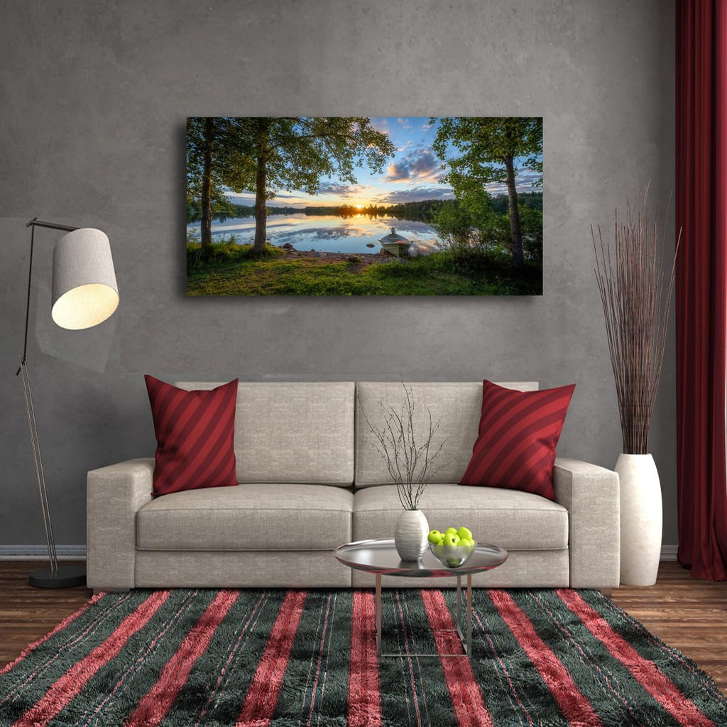 Tree Canvas Wall Art of a Sunrise Over a Forest Lake Nature Inspired Painting Perfect for Wall Decoration