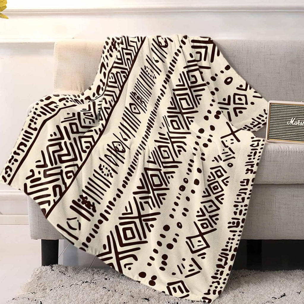 Boho Beige Throw Blanket Fleece Blanket, Vintage Tribe African Texture Soft Microfiber Fuzzy Cozy Lightweight Blankets