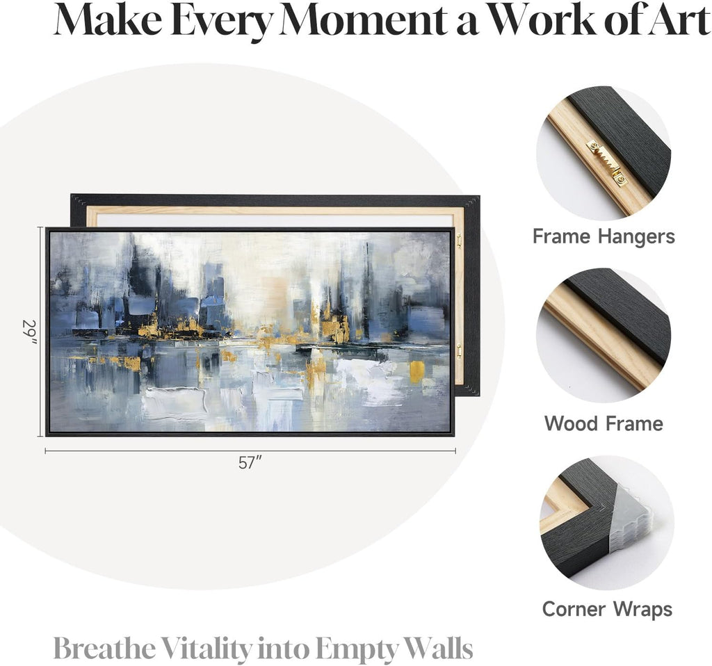 Framed Blue Abstract Wall Art , Extra Large Modern Cityscape Canvas Artwork for Walls, Horizontal Contemporary