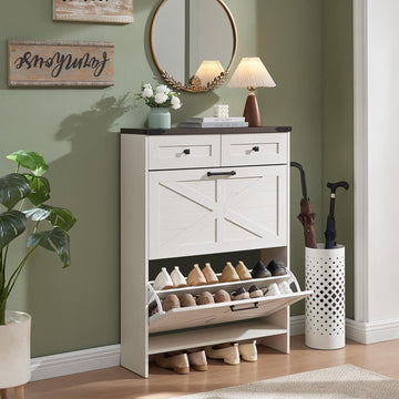 Shoe Storage Cabinet, Farmhouse Shoe Organizer with 2 Hidden Flip Drawers & 2 Drawers, Narrow Freestanding Shoe Rack