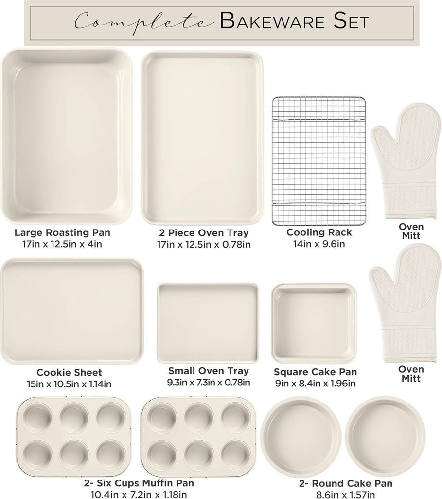 Nonstick Stackable Bakeware Set - Deluxe Heavy Duty, Durable, Easy Release Set, Cream, 13 Pcs