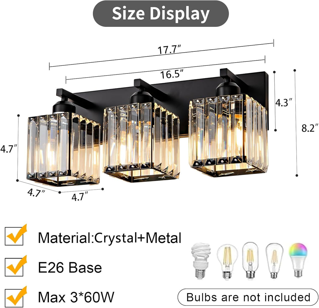 Black Bathroom Vanity Light 3 Lights, Crystal Bathroom Wall Light Fixtures Modern Vanity Light Over Mirror (Exclude