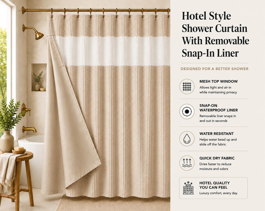 Hotel Style Waffle Weave Shower Curtain with Snap-In Waterproof Fabric Liner, Mesh Top Window, Water Resistant