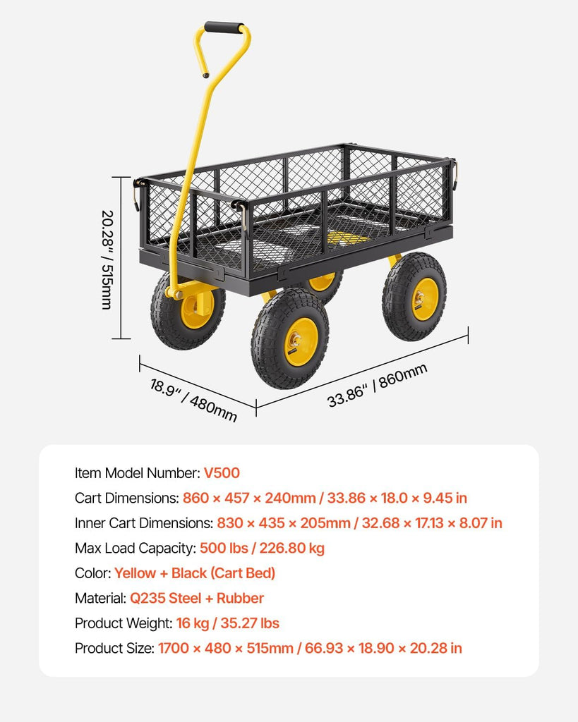 Steel Garden Cart 500 lbs Heavy Duty Garden Wagon Cart on Wheels | Pullable Metal Yard Utility Wagon with 10" All
