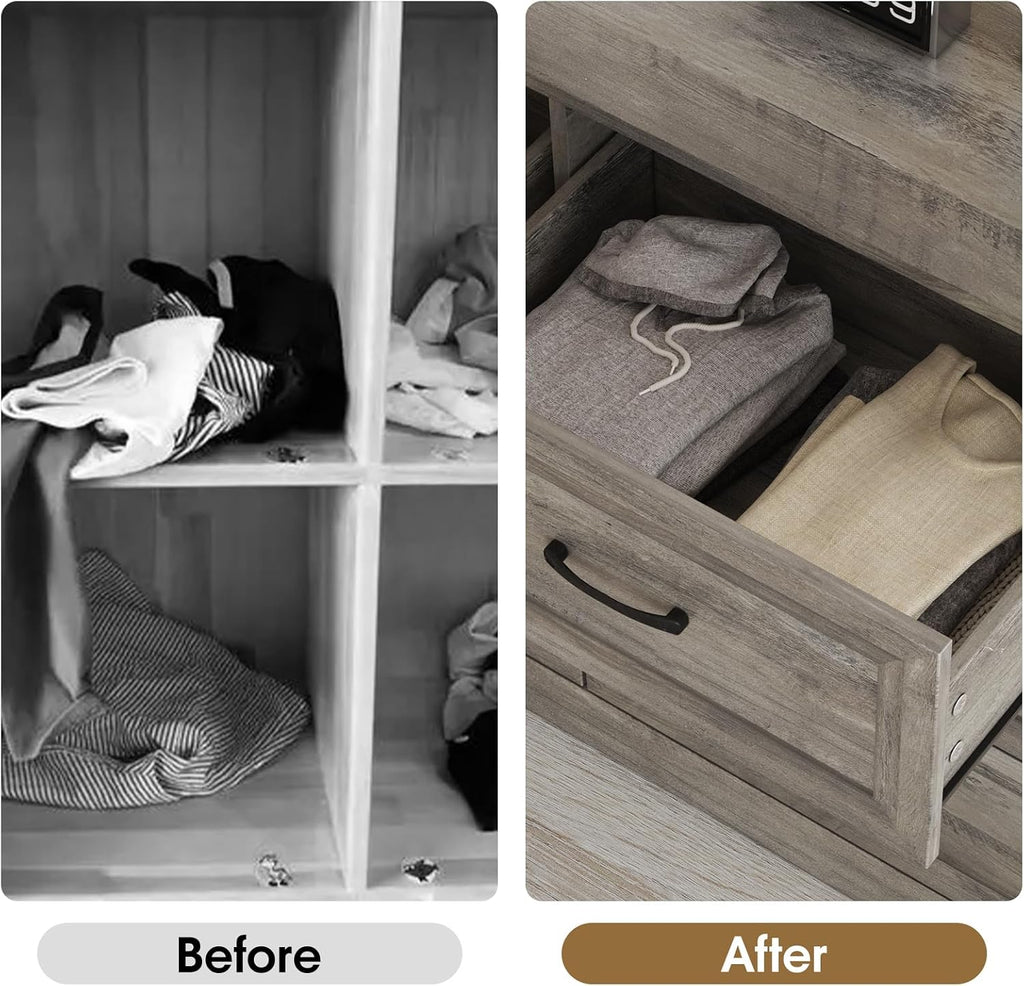 Dresser , 6 Drawer Wide Dresser Organizer with Charging Station, Tall Dresser , Wood Dresser with Metal Handles, Ash