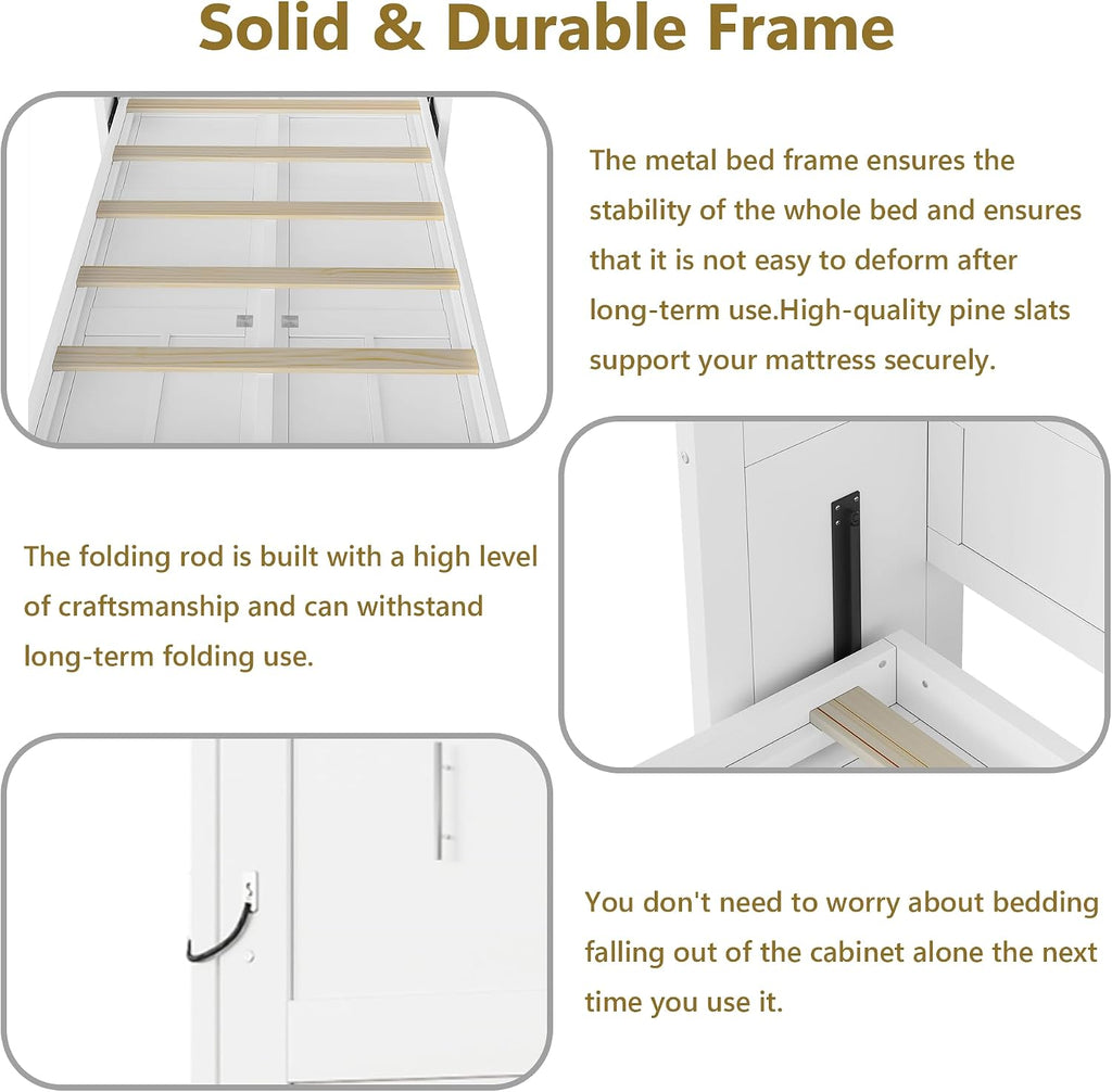 Space Saving Twin Murphy Wall Bed, Folds into Vertical Cabinet, Solid Metal Frame with Wood Slats, No Box Spring