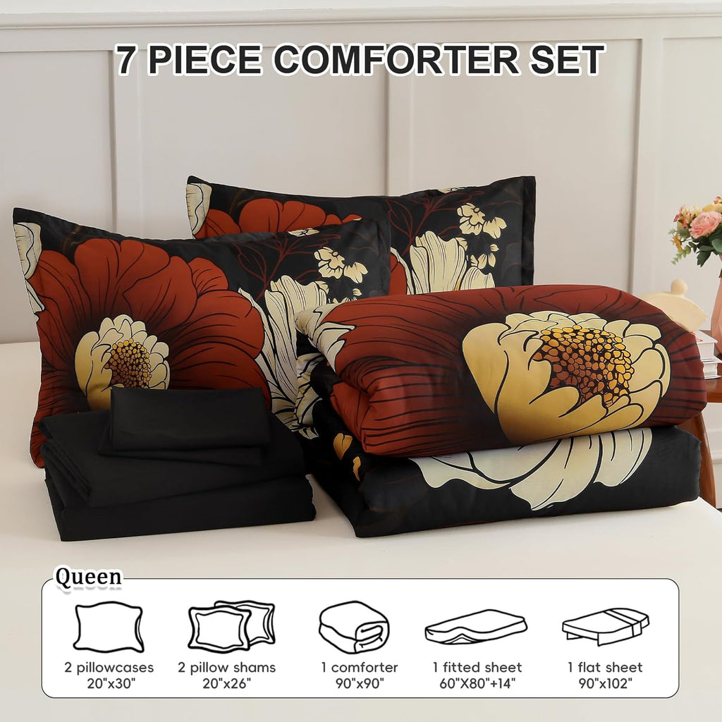 Black Floral Comforter Set 7 Pieces Bed in a Bag Flower Bedding Sets Lightweight Boho Bed Set