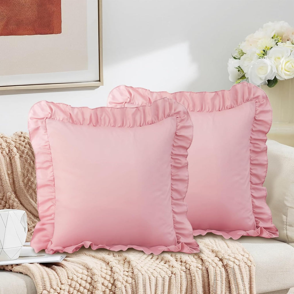 2 Pack Pink Ruffle Euro Shams 26" x 26" Ruffle Square Pillow Covers Ultra Soft Microfiber Ruffled Fringe Pillow Shams