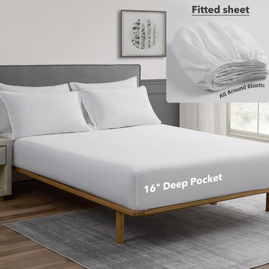 Linen Sheets Set Solid Color, Soft Breathable Sheets Set 4 PCs, Hypoallergenic French Linen Cotton Blend Bedding for