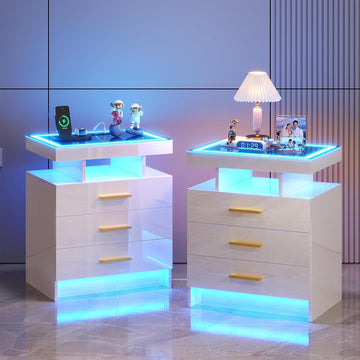 Night Stand Set 2 with LED Lights, High Gloss Nightstand with 3 Drawers,Wireless&USB&Type-C Charging Station,Smart