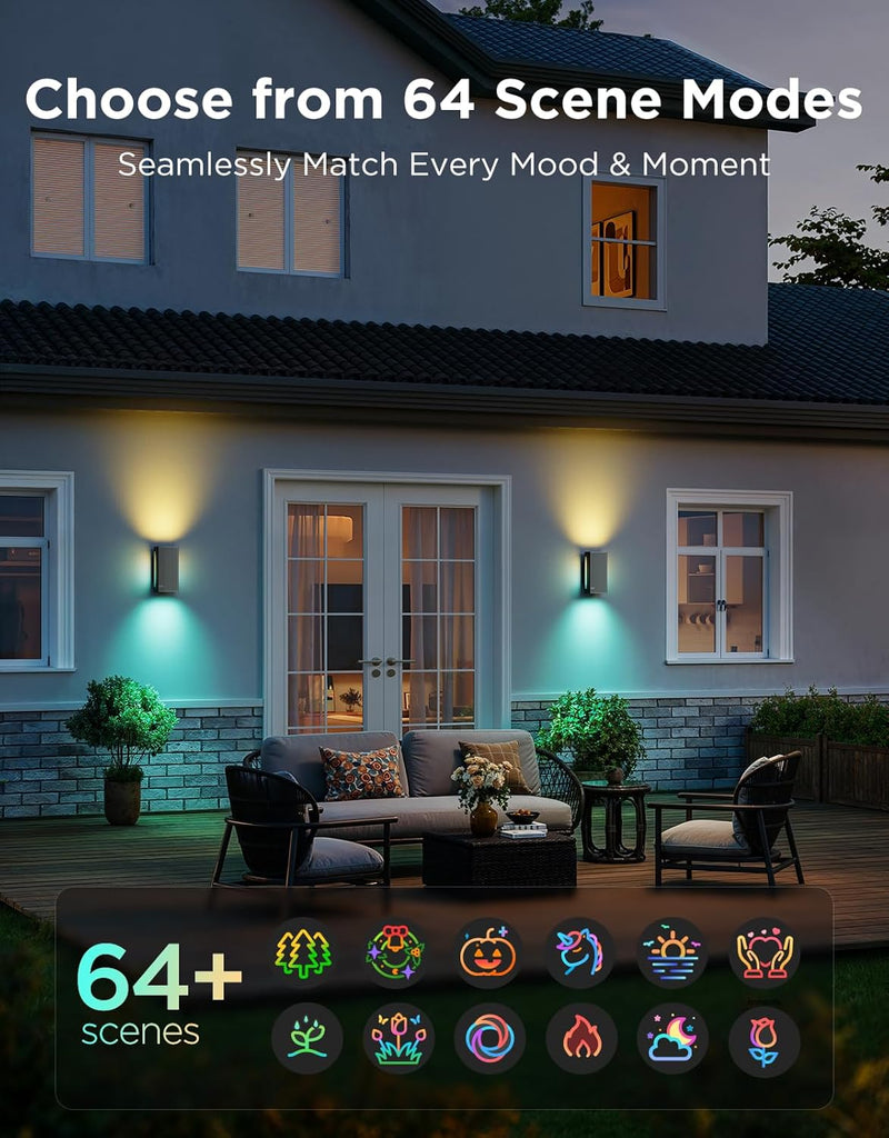 Outdoor UpDown Wall Light, 2 Pack, 1200LM RGBICWW Smart Porch Lights Outdoor with 64 Scene Modes