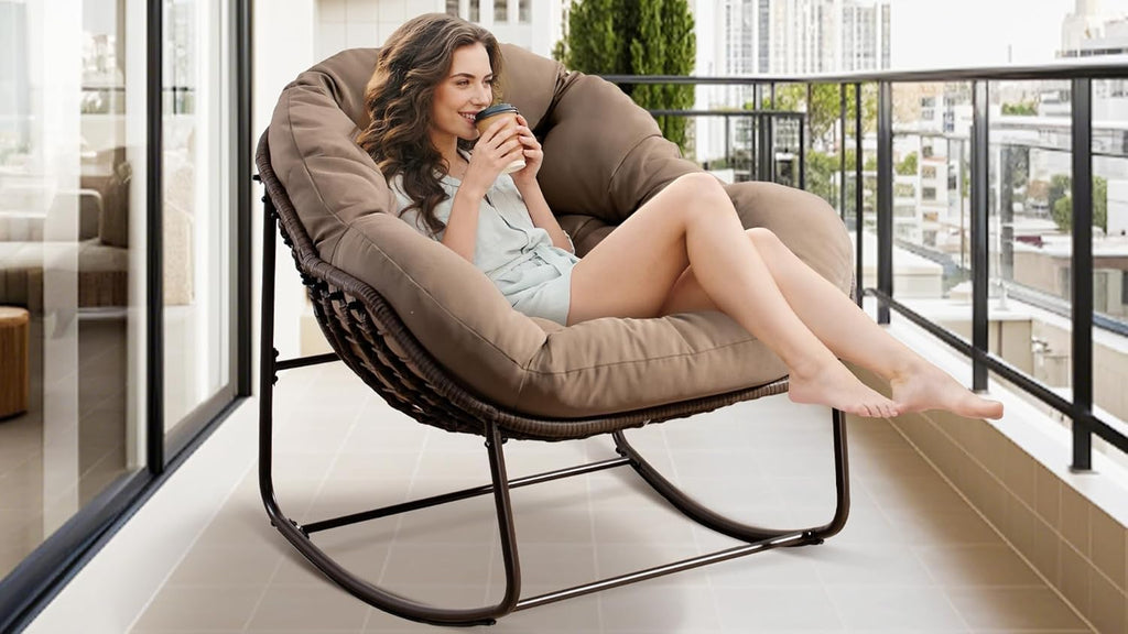 Oversized Papasan Rocking Chair - Outdoor Luxury Comfy Patio Chair Indoor Egg Royal Rattan Rocking Chair with Cushion