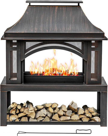 39" Fire Pits with Wood Storage for Outside, Large Wood Burning Outdoor Fireplace with Chimney