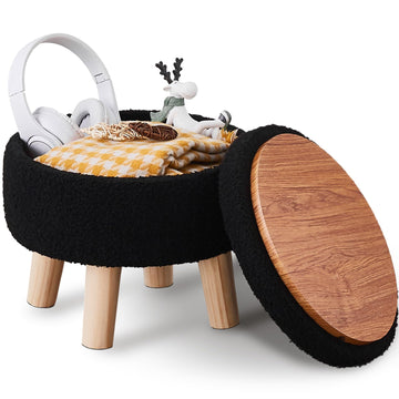 Storage Ottoman, Modern Round Footrest with Soft Padded Seat, Teddy Velvet Footstool with Wood Legs, Accent Small