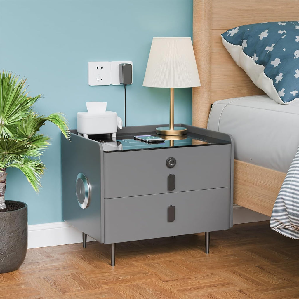 Smart Nightstand Wireless Charging, Modern Nightstand with Fingerprint Locking Drawer, 2 USB & LED Lights Bluetooth