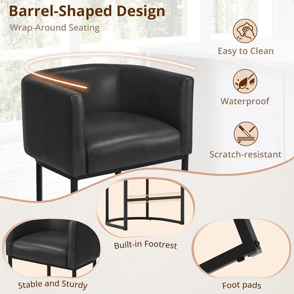 Counter Height Bar Stools Set of 4, Modern Barrel Counter Stools with Backrest and Arms, Black Metal Frames, Faux