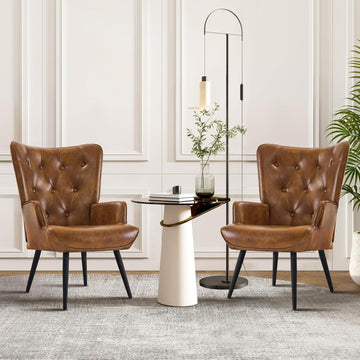 Accent Chairs Set of 2, Brown PU Leather Reading Armchair with High Backrest, Wingback Corner Chair Mid Century