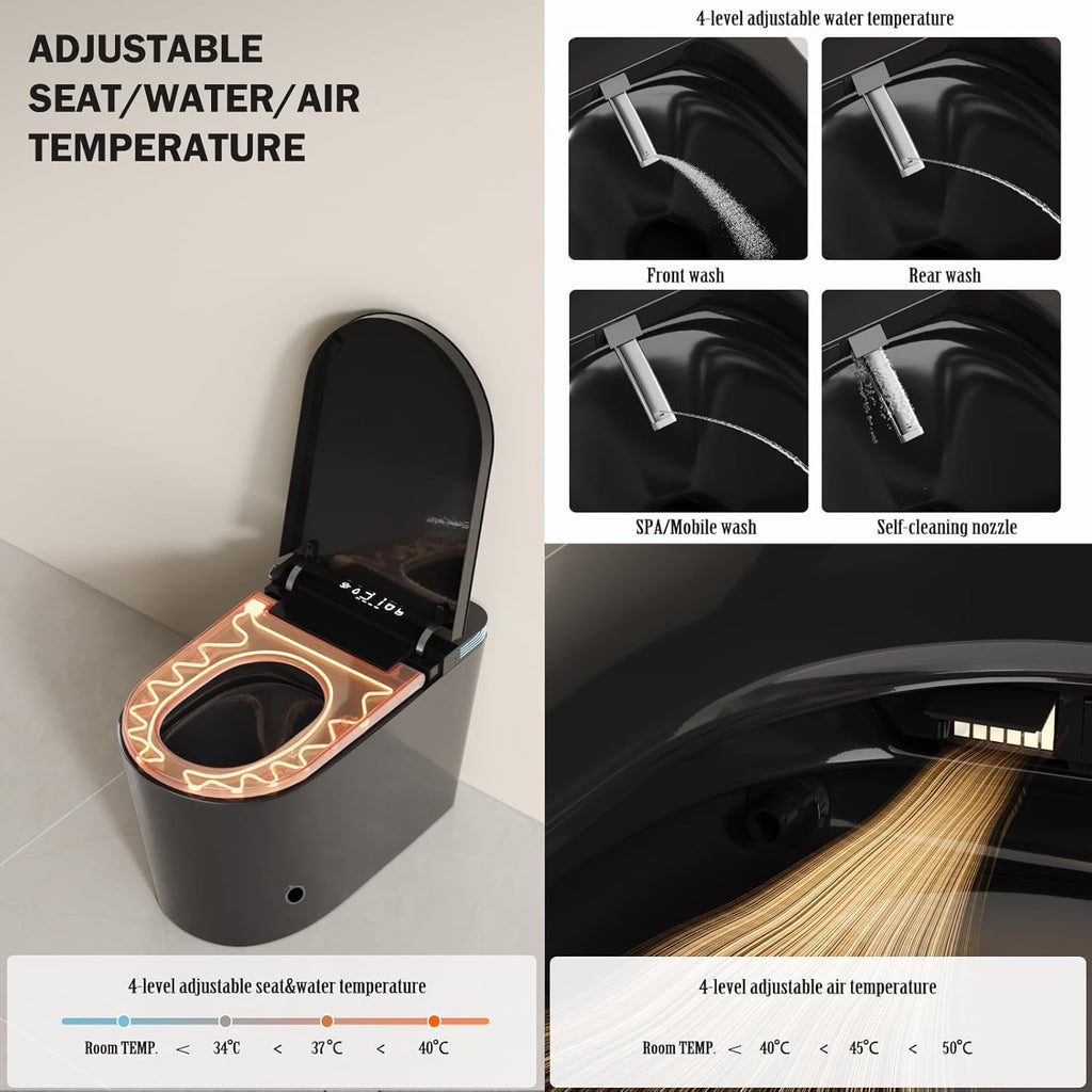 Black Smart Tankless One-Piece Toilet with Built-In Bidet, Auto Open and Close Lid, Warm Water, Warm Air Dryer, Self-Cleaning Heated Seat, Remote Control