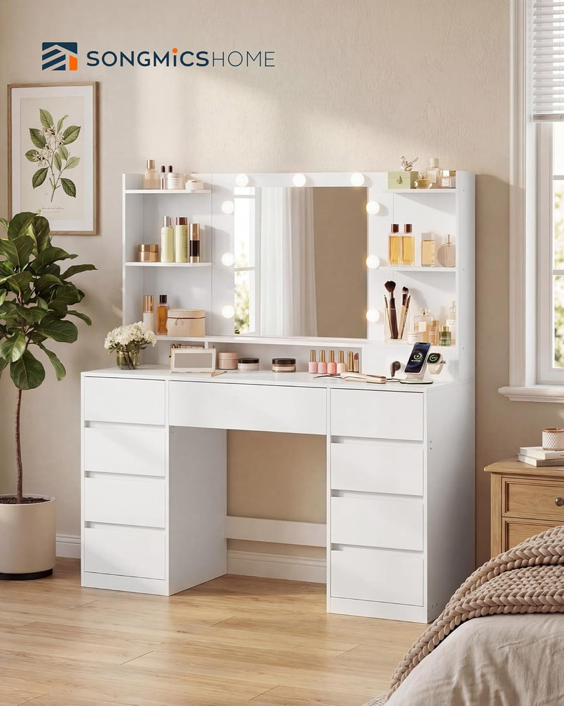 Vanity Desk with Mirror and Lights, Makeup Vanity Table with Power Outlets, 9 Drawers Storage Dressing Table , White