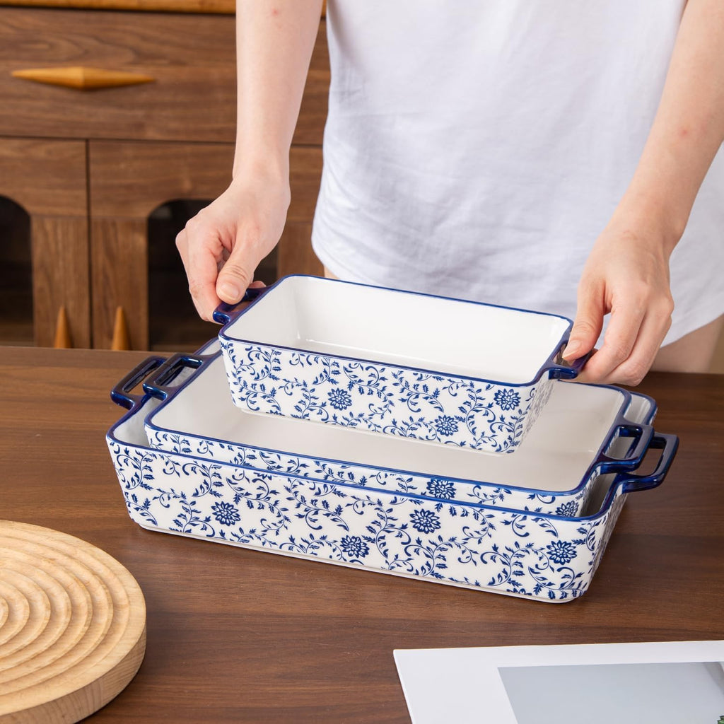Ceramic Bakeware Set - Casserole Dish Dishes for Oven - Rectangular Lasagna Pans with Handles Cooking - Microwave &