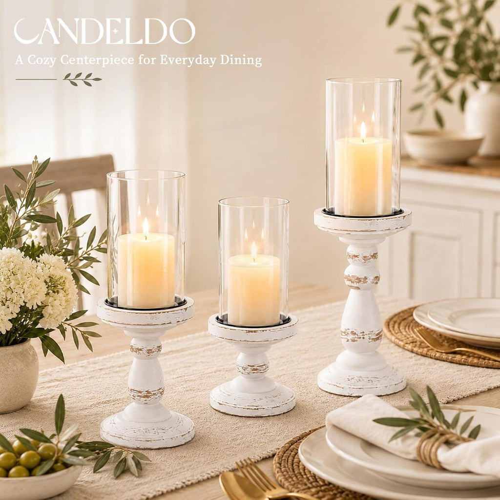 White Wooden Hurricane Candle Holders for Pillar, Farmhouse Decor | Set of 3 Vintage Rustic Farmhouse Candlestick