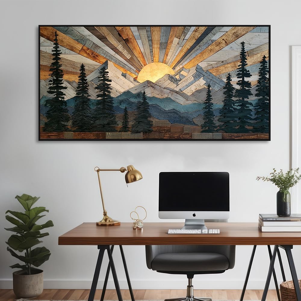 Boho Mountain Framed Wall Art Sunrise Pine Tree Forest Nature Scenery Painting Pictures Farmhouse Wall Decor Rustic