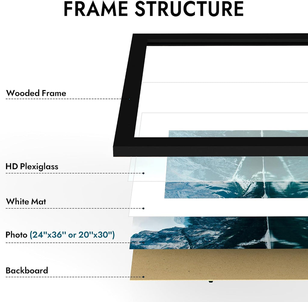 24x36 Picture Frame, Black Wood Style, Wall Mounting | Display Posters 20 x 30 with Mat or 24 x 36 without Mat, 1