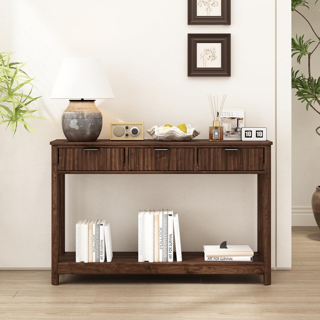 Fluted Wood Console Table with 3 Drawers, Boho Narrow Behind Couch Entryway Table with Open Storage Shelf, Modern